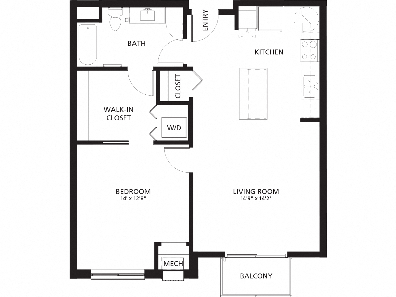 Floor plan for 1 bed, 1 bath, 805 sqft
